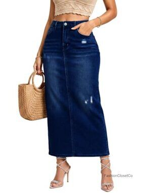 High Waisted Long Denim Skirt with Back Slit Distressed Holes Stretch